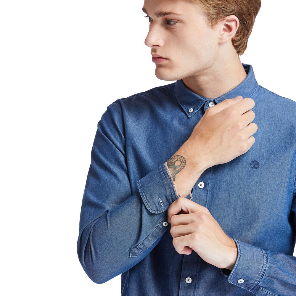 Camisa Timberland Hombre Mumford River Slim-Fit Chambray Azules - Chile ZJL-514629